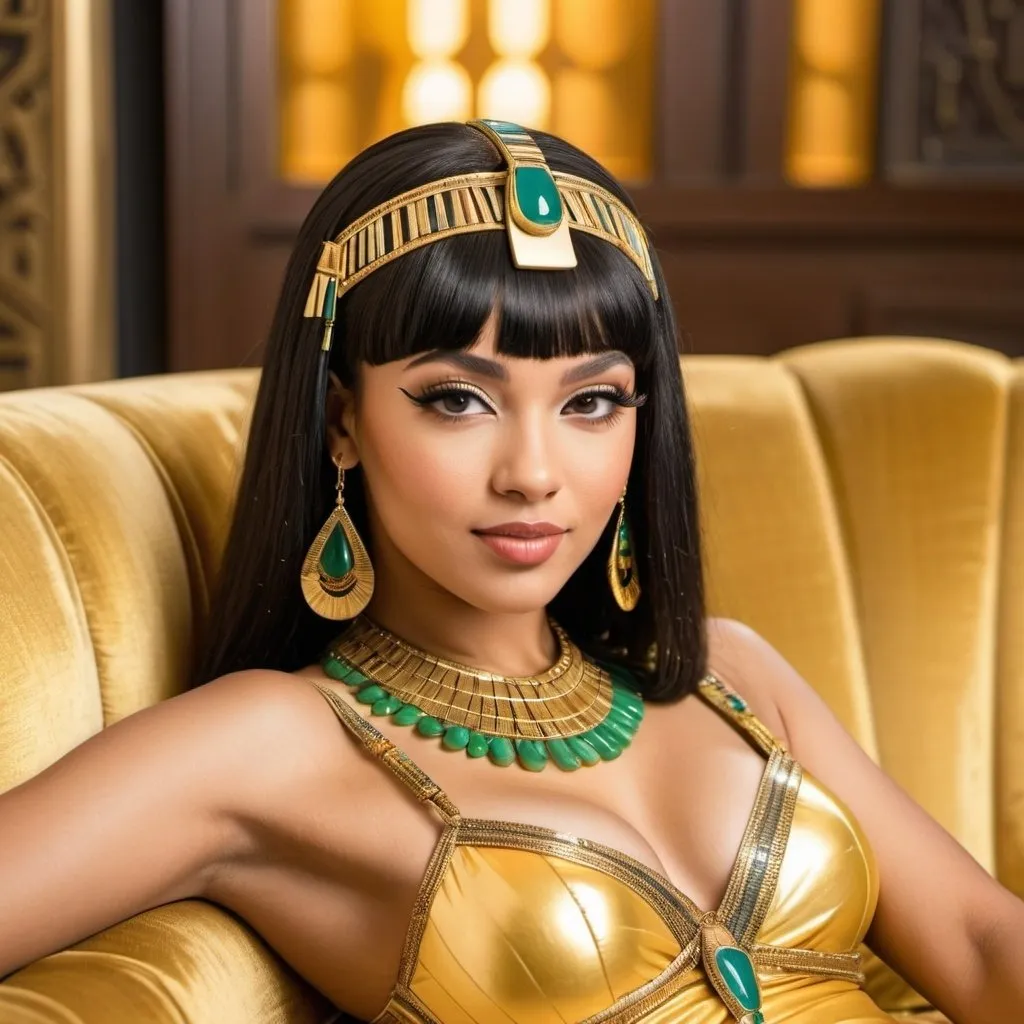 Prompt: airhead attractive biracial queen cleopatra with melon cut with shoulder length bangs hairstyle and Egyptian jewelry reclining on a golden couch winking at the camera