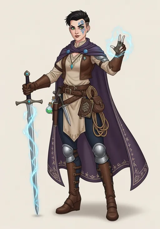 Prompt: A beautiful D&D female Warlock. She is a human warrior in her late twenties, tall and muscular but still attractive with dark hair worn in a bixie cut, large green eyes and a tattoo of a symbol in indigo ink curled around her right eye. She wears a leather jerkin, along with a creme coloured tunic, a tan undershirt beneath her leather jerkin, navy leggings and boots with a low wedge heel. Around her waist she wears a leather belt from which hangs two or three small bottles of magic potion, a dagger in a scabbard, a coiled up rope, a small spellbook in an ornate travelling book case, and a pouch. On her arms and legs she wears protective greaves, and has a small pendant hanging around her neck. She also wears a travellers cloak in dark purple with mystical symbols though it is worn in places from heavy use.

She wears brown-leather gloves and holds an elegant longsword in one hand with a faint blue nimbus along it's length, clearly magical in nature. Her other hand is in the act of casting a spell.

She was granted three wishes by a mercurial faerie lord and she gained magic power, beauty and skill with the blade and her surface vanity and arrogant smirk conceal a twinge of guilt, fear and regret - she may have skill, beauty and power but what does her mysterious fey benefactor wish in return?