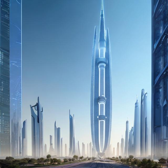 Prompt: imagine a 2 kilometer futuristic high tower in a city scape that resembles the kingdom tower in Jeddah