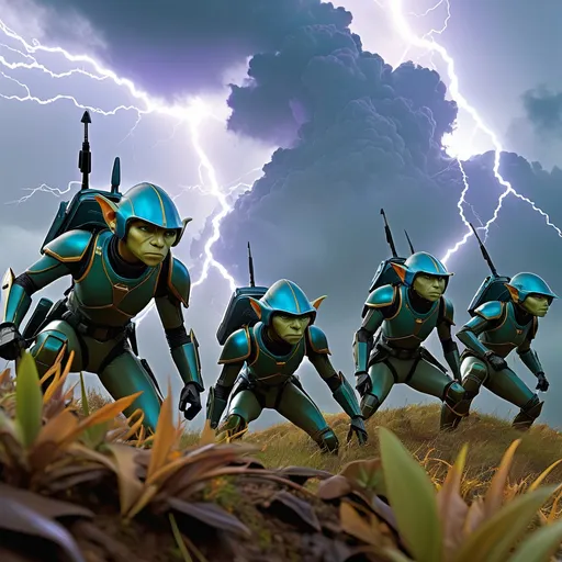 Prompt: double-exposure, low-angle panorama, glossy army of goblin-troopers with elf-ears, amassed on hilltop, facing away from camera, rain, motion capture, varied futuristic sniper exosuits, dramatic clouds and lightning; sepia, amber, golden brown, blue-grey, green, cold purple neon; detailed, cinematic, photorealistic, maximalist; ambient occlusion, dramatic lighting, ray tracing, beautiful composition, deep depth of view; sergio toppi, jae lee, david mack, joe chiodo, humberto ramos, Makoto Shinkai, J.C. Leyendecker, ilya Kuvshinov, Royo, Karol Bak, Alphonse Mucha, Jordan Grimmer, Greg Rutkowski