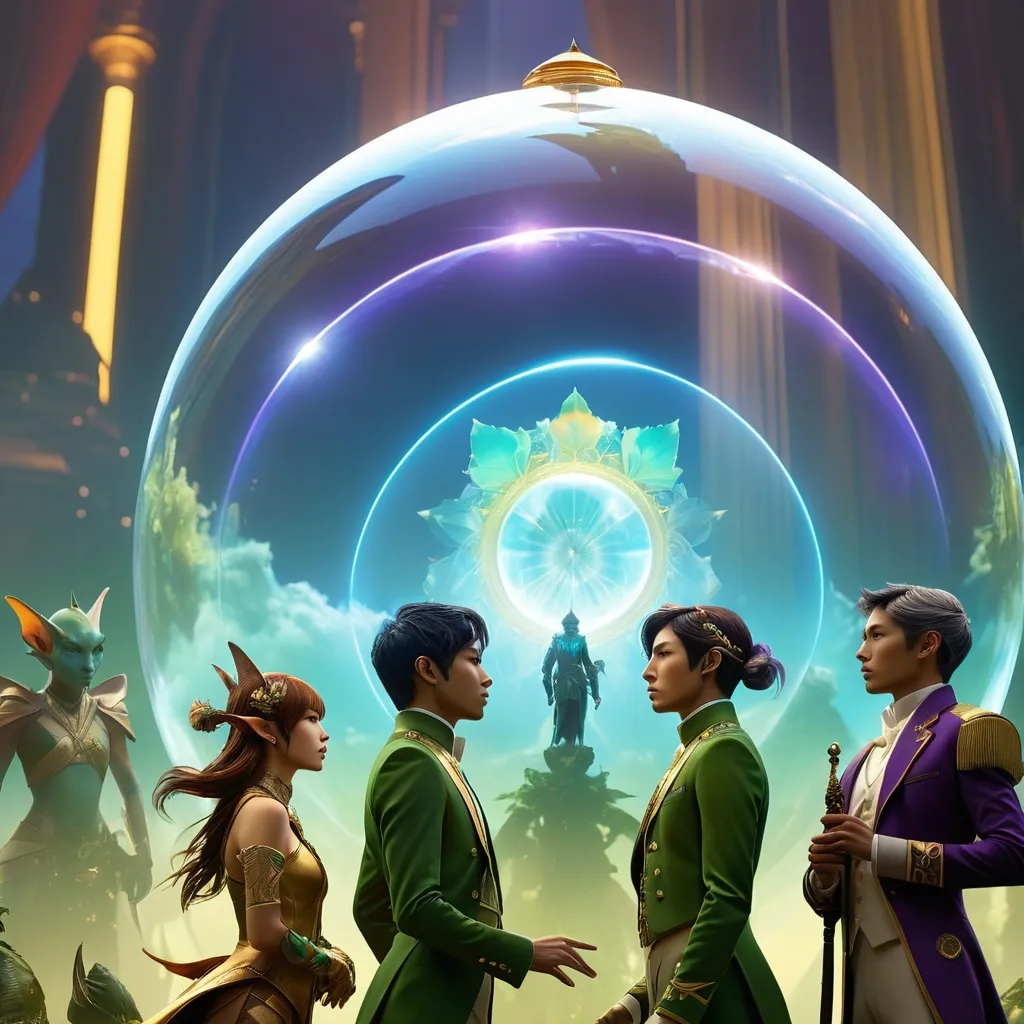 Prompt: double-exposure, low-angle panorama, group of glowering goblin-diplomats with elf-ears, meeting with (water genasi:1.0) diplomats, facing away from camera, holographic orb, hud screens, dynamic poses, motion capture, varied military tailcoats, business suits; sepia, amber, golden brown, blue-grey, green, cold purple neon; detailed, cinematic, photorealistic, maximalist; ambient occlusion, dramatic lighting, ray tracing, beautiful composition, deep depth of view; sergio toppi, jae lee, david mack, joe chiodo, humberto ramos, Makoto Shinkai, J.C. Leyendecker, ilya Kuvshinov, Royo, Karol Bak, Alphonse Mucha, Jordan Grimmer, Greg Rutkowski