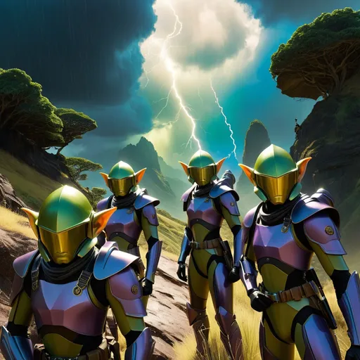 Prompt: double-exposure, low-angle panorama, glossy army of goblin-troopers with elf-ears, amassed on hilltop, facing away from camera, rain, motion capture, varied futuristic exosuits and helmets, dramatic clouds and lightning; sepia, amber, golden brown, blue-grey, green, cold purple neon; detailed, cinematic, photorealistic, maximalist; ambient occlusion, dramatic lighting, ray tracing, beautiful composition, deep depth of view; sergio toppi, jae lee, david mack, joe chiodo, humberto ramos, Makoto Shinkai, J.C. Leyendecker, ilya Kuvshinov, Royo, Karol Bak, Alphonse Mucha, Jordan Grimmer, Greg Rutkowski