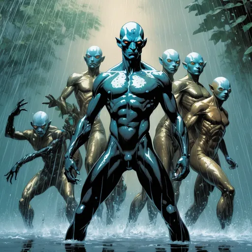 Prompt: Double-exposure; low-angle; panoramic, zoomed out, full body view of army of a attacking army of glossy (abe sapien: 1.0) in the rain, wearing glass armor, dynamic poses, different faces, differing expressions, waterfalls, intense blacks, nighttime; sepia, amber, golden brown, blue-grey, green, cold purple neon light; sergio toppi, jae lee, david mack, joe chiodo, humberto ramos, Makoto Shinkai, J.C. Leyendecker, ilya Kuvshinov, Royo, Karol Bak, Alphonse Mucha, Jordan Grimmer, Greg Rutkowski