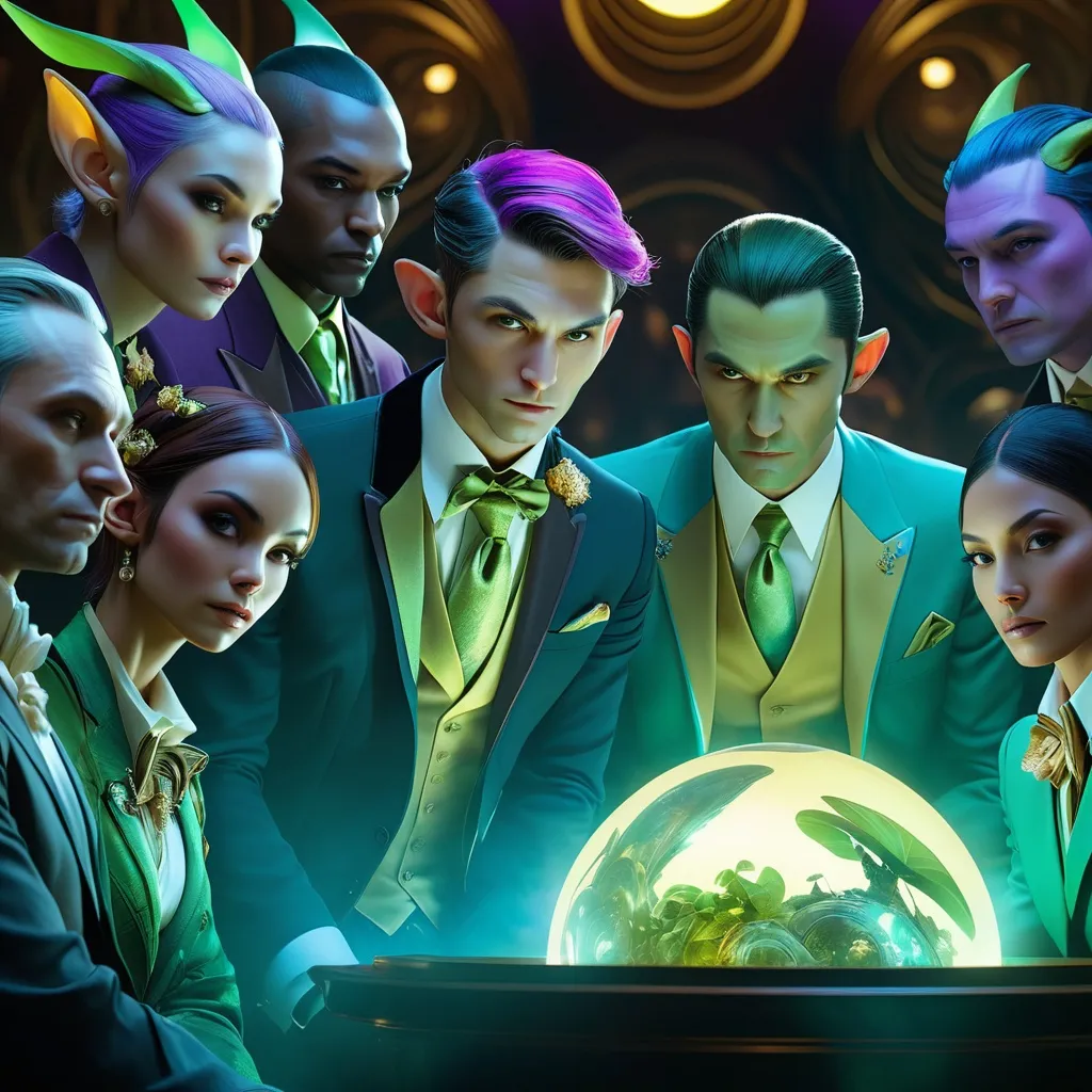 Prompt: double-exposure, low-angle panorama, group of glowering goblin-diplomats with elf-ears, meeting with (abe sapien:1.0) diplomats, facing away from camera, holographic orb, hud screens, dynamic poses, motion capture, varied military tailcoats, business suits; sepia, amber, golden brown, blue-grey, green, cold purple neon; detailed, cinematic, photorealistic, maximalist; ambient occlusion, dramatic lighting, ray tracing, beautiful composition, deep depth of view; sergio toppi, jae lee, david mack, joe chiodo, humberto ramos, Makoto Shinkai, J.C. Leyendecker, ilya Kuvshinov, Royo, Karol Bak, Alphonse Mucha, Jordan Grimmer, Greg Rutkowski