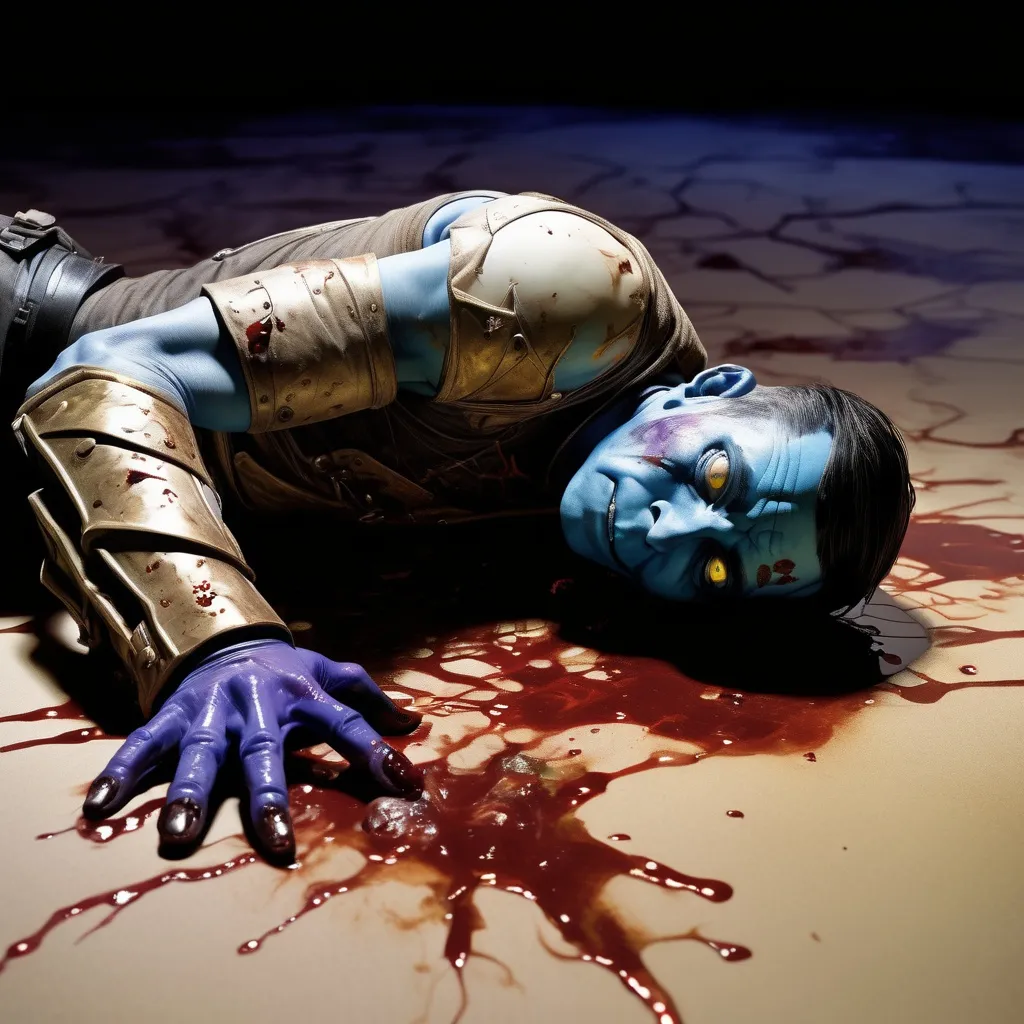 Prompt: Double-exposure; high-angle view of fallen glossy (abe sapien: 1.0) with dead eyes, on the ground, shot through the head; blood spatter; Pablo Amaringo; intense blacks, nighttime; sepia, amber, golden brown, blue-grey, green, cold purple neon light; sergio toppi, jae lee, david mack, joe chiodo, humberto ramos, Makoto Shinkai, J.C. Leyendecker, ilya Kuvshinov, Royo, Karol Bak, Alphonse Mucha, Jordan Grimmer, Greg Rutkowski