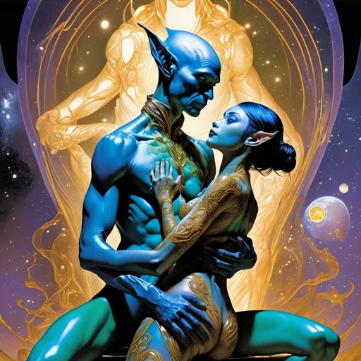 Prompt: Double-exposure; low-angle; panoramic, zoomed out, full body view of glossy (abe sapiens: 1.0) and (amber-skinned elf-soldiers:1.3) embracing, entangled, intertwined, intermixing into a singly body; holographic astral cosmic illustration mixed media; Pablo Amaringo; intense blacks, nighttime; sepia, amber, golden brown, blue-grey, green, cold purple neon light; sergio toppi, jae lee, david mack, joe chiodo, humberto ramos, Makoto Shinkai, J.C. Leyendecker, ilya Kuvshinov, Royo, Karol Bak, Alphonse Mucha, Jordan Grimmer, Greg Rutkowski