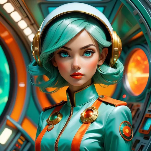 Prompt: Double-exposure; glossy amber-skin scientific elf wearing military labcoat and full empire dress in spaceship quarters, waxy, glossy (whole body turquoise), backlit space scene, triadic orange-gold_green_red colors, in motion, viewports of space, perfect hands, eyes; highly detailed, vibrant, volumetric lighting, luminescent, photorealistic; maximalist; J.C. Leyendecker, ilya Kuvshinov, Royo, Karol Bak, Alphonse Mucha, Jordan Grimmer, Greg Rutkowski