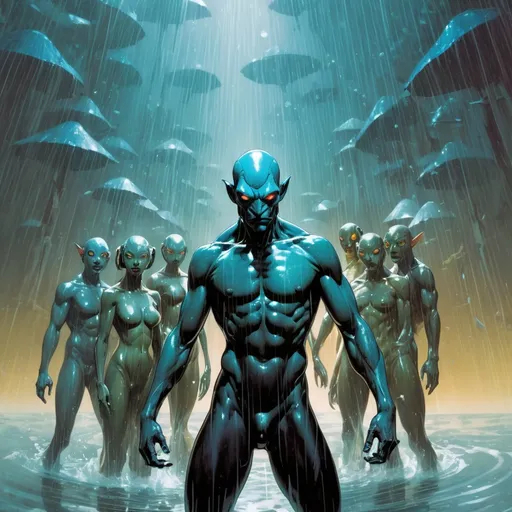 Prompt: Double-exposure; high-angle; panoramic, zoomed out, full body view of army of a massive group of glossy (abe sapien: 1.0) in the rain, wearing glass armor, dynamic poses, different faces, differing expressions, waterfalls, intense blacks, nighttime; sepia, amber, golden brown, blue-grey, green, cold purple neon light; sergio toppi, jae lee, david mack, joe chiodo, humberto ramos, Makoto Shinkai, J.C. Leyendecker, ilya Kuvshinov, Royo, Karol Bak, Alphonse Mucha, Jordan Grimmer, Greg Rutkowski