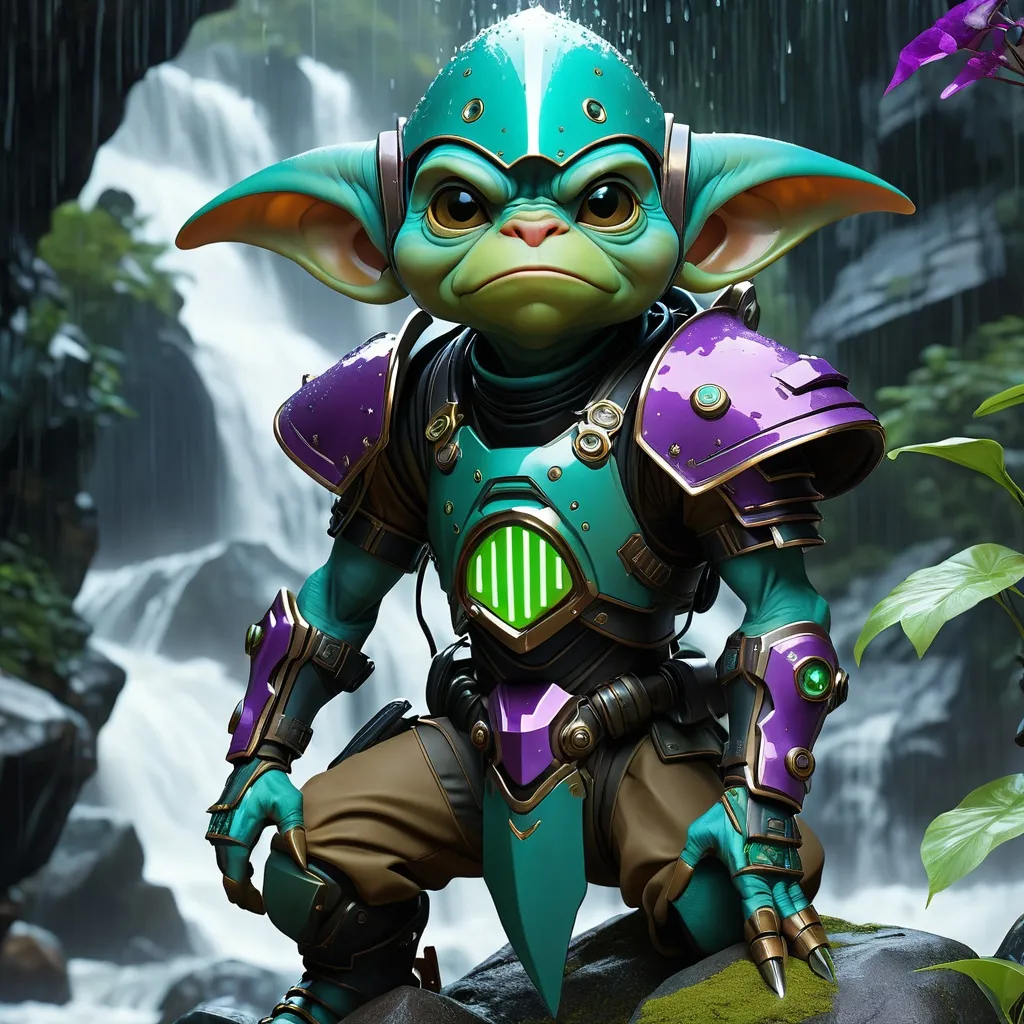 Prompt: Double exposure; glossy grizzled goblin warlock teal-colored mottled skin, standing with one leg on vanquished enemy, armored helmet, in heavy rain, futuristic exosuit various poses, expressions, waterfalls, intense blacks, exposed_rocks with black layer; waxy_purple_amber_green , detailed, futuristic, photorealistic, maximalist; Makoto Shinkai, J.C. Leyendecker, ilya Kuvshinov, Royo, Karol Bak, Alphonse Mucha, Jordan Grimmer, Greg Rutkowski