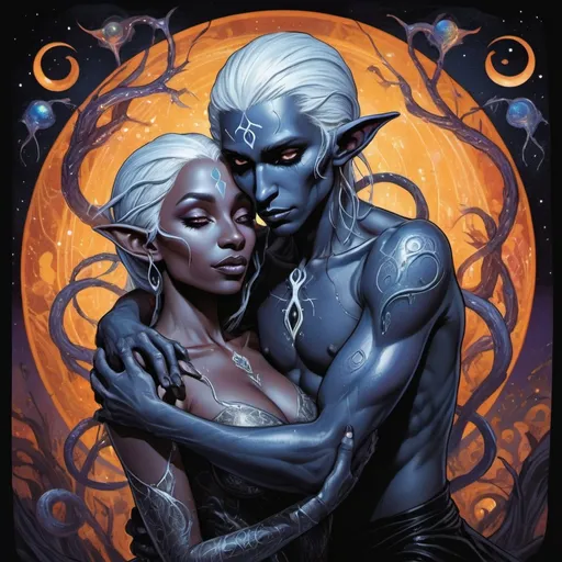 Prompt: Eldritch group of (drow-elves:1.3) embracing, entangled, intertwined, intermixing into a single amber-skinned body; holographic astral cosmic illustration mixed media; Pablo Amaringo; intense blacks, nighttime Fine black inking, Clean linework, comic illustration, flat shading, Colour transitions, Maximalism, Black detailing on colour,  Beautifully illustrated forms, beautiful background scenery, Warm and cold colour mix, Triadic colour palette, Dark colouring, Vibrancy, Blacks, Clean lighting, Complexity, Storytelling, Dynamic Poses, High quality, Sharp focus, Tight colour range, Full scene, Filmic, masterpiece, flat rendering