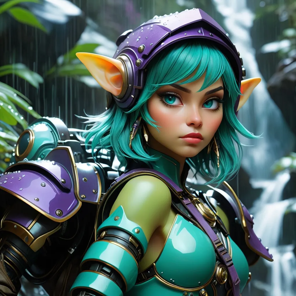 Prompt: Double exposure; glossy grizzled goblin warlock teal-colored mottled skin, crouching beneath armored helmet, in heavy rain, futuristic exosuit various poses, expressions, waterfalls, intense blacks, exposed_rocks with black layer; waxy_purple_amber_green , detailed, futuristic, photorealistic, maximalist; Makoto Shinkai, J.C. Leyendecker, ilya Kuvshinov, Royo, Karol Bak, Alphonse Mucha, Jordan Grimmer, Greg Rutkowski