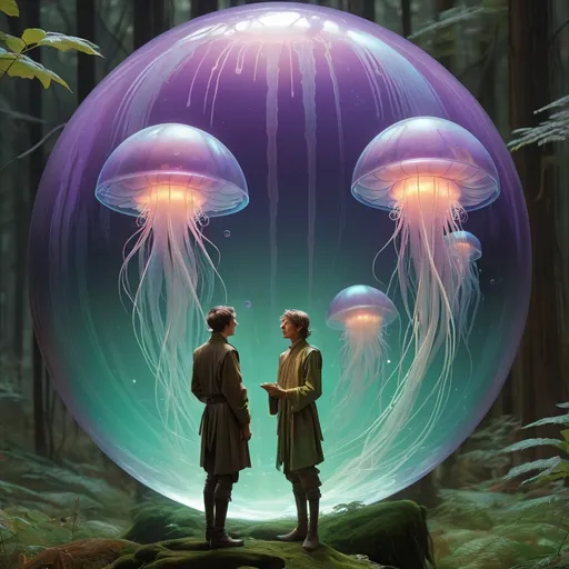 Prompt: double exposure; panoramic view of elves observing a giant 3D holographic orb with a projection of a floating bioluminescent jellyfish, spherical projection in the sky, distortion, glitches, static, 2/3 angle; purple_amber_green waxy, detailed, futuristic, photorealistic, maximalist; Makoto Shinkai, J.C. Leyendecker, ilya Kuvshinov, Royo, Karol Bak, Alphonse Mucha, Jordan Grimmer, Greg Rutkowski