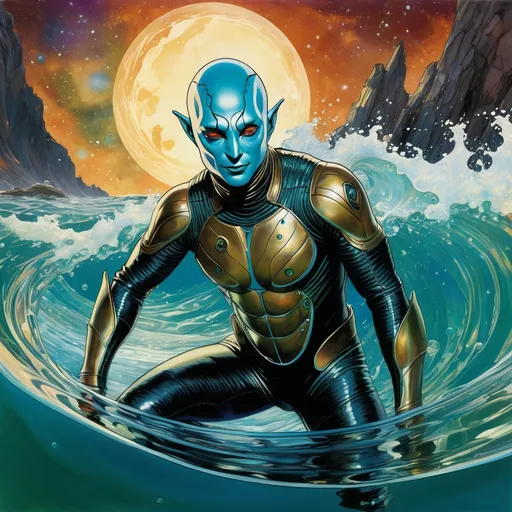 Prompt: Double-exposure; low-angle; panoramic, zoomed out, full body view of an (( glossy (abe sapien: 1.0) in the waves)) completely melding, in a coccoon with ((a glossy (amber-skinned elf-soldier:1.3); merging bodies, ooze, silk strands, webs of gunk; holographic astral cosmic illustration mixed media; Pablo Amaringo; intense blacks, nighttime; sepia, amber, golden brown, blue-grey, green, cold purple neon light; sergio toppi, jae lee, david mack, joe chiodo, humberto ramos, Makoto Shinkai, J.C. Leyendecker, ilya Kuvshinov, Royo, Karol Bak, Alphonse Mucha, Jordan Grimmer, Greg Rutkowski