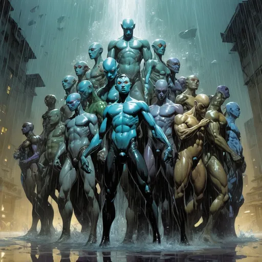 Prompt: Double-exposure; high-angle; panoramic, zoomed out, full body view of army of a massive group of glossy (abe sapien: 1.0) in the rain, wearing glass armor, dynamic poses, different faces, differing expressions, waterfalls, intense blacks, nighttime; sepia, amber, golden brown, blue-grey, green, cold purple neon light; sergio toppi, jae lee, david mack, joe chiodo, humberto ramos, Makoto Shinkai, J.C. Leyendecker, ilya Kuvshinov, Royo, Karol Bak, Alphonse Mucha, Jordan Grimmer, Greg Rutkowski