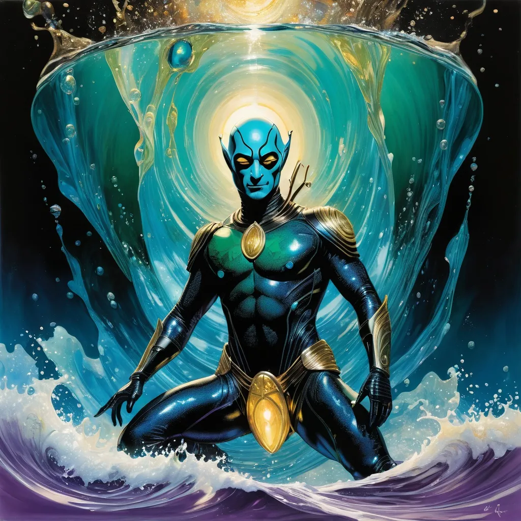 Prompt: Double-exposure; low-angle; panoramic, zoomed out, full body view of an (( glossy (abe sapien: 1.0) in the waves)) completely melding, in a coccoon with ((a glossy (amber-skinned elf-soldier:1.3); merging bodies, ooze, silk strands, webs of gunk; holographic astral cosmic illustration mixed media; Pablo Amaringo; intense blacks, nighttime; sepia, amber, golden brown, blue-grey, green, cold purple neon light; sergio toppi, jae lee, david mack, joe chiodo, humberto ramos, Makoto Shinkai, J.C. Leyendecker, ilya Kuvshinov, Royo, Karol Bak, Alphonse Mucha, Jordan Grimmer, Greg Rutkowski