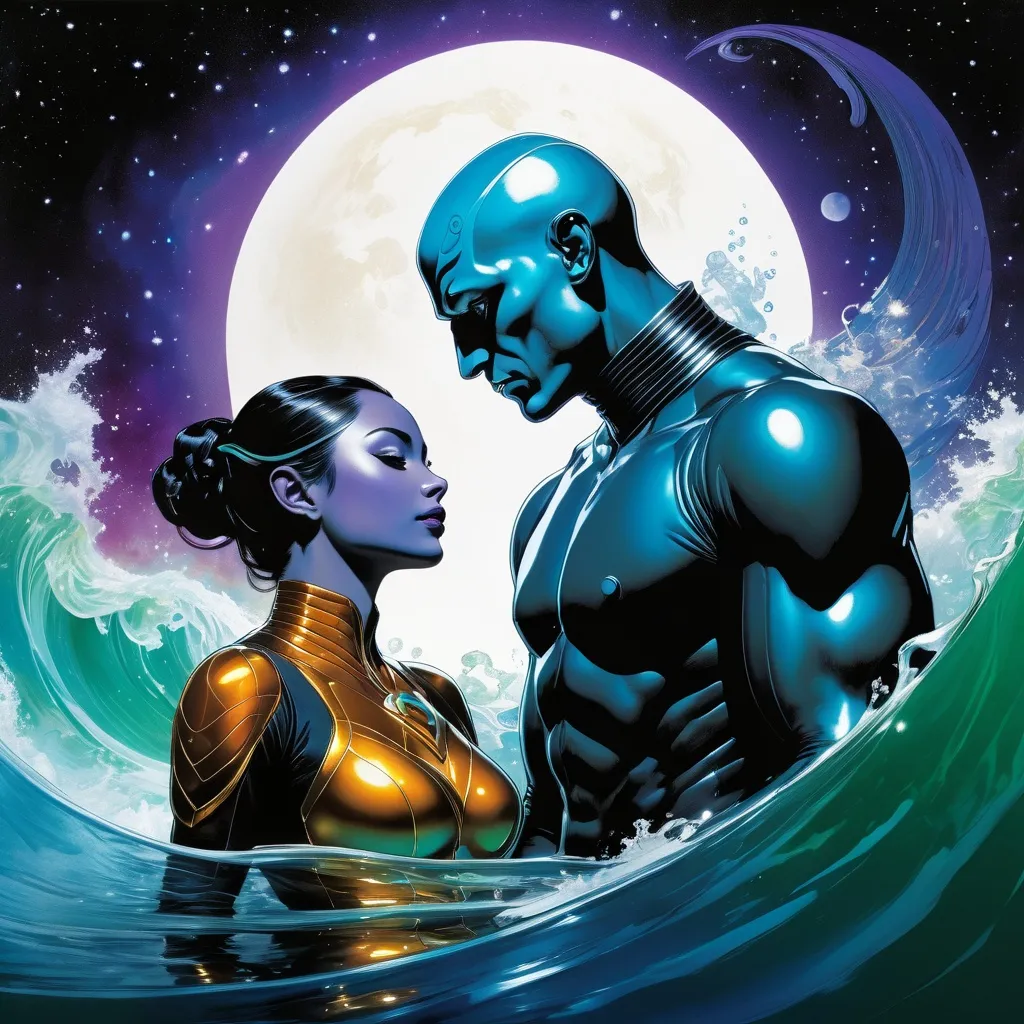 Prompt: Double-exposure; low-angle; panoramic, zoomed out, full body view of an (( glossy (abe sapien: 1.0) in the waves)) merging and coccooning with ((a glossy (amber-skinned elf-soldier:1.3) into its body; holographic astral cosmic illustration mixed media; Pablo Amaringo; intense blacks, nighttime; sepia, amber, golden brown, blue-grey, green, cold purple neon light; sergio toppi, jae lee, david mack, joe chiodo, humberto ramos, Makoto Shinkai, J.C. Leyendecker, ilya Kuvshinov, Royo, Karol Bak, Alphonse Mucha, Jordan Grimmer, Greg Rutkowski