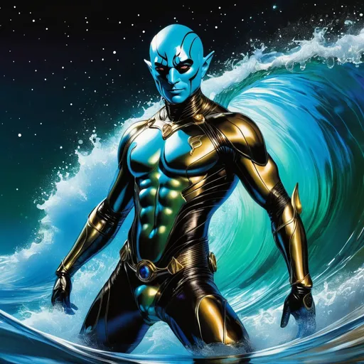 Prompt: Double-exposure; low-angle; panoramic, zoomed out, full body view of an (( glossy (abe sapien: 1.0) in the waves)) completely merging, intermixing and coccooning with ((a glossy (amber-skinned elf-soldier:1.3) into its body; holographic astral cosmic illustration mixed media; Pablo Amaringo; intense blacks, nighttime; sepia, amber, golden brown, blue-grey, green, cold purple neon light; sergio toppi, jae lee, david mack, joe chiodo, humberto ramos, Makoto Shinkai, J.C. Leyendecker, ilya Kuvshinov, Royo, Karol Bak, Alphonse Mucha, Jordan Grimmer, Greg Rutkowski