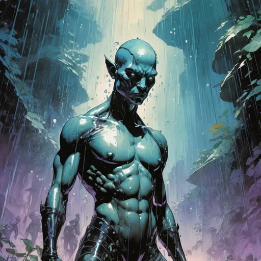 Prompt: Double-exposure; high-angle; panoramic, zoomed out, full body view of army of hundreds of glossy (abe sapien: 1.0) in the rain, wearing glass armor, dynamic poses, different faces, differing expressions, waterfalls, intense blacks, nighttime; sepia, amber, golden brown, blue-grey, green, cold purple neon light; sergio toppi, jae lee, david mack, joe chiodo, humberto ramos, Makoto Shinkai, J.C. Leyendecker, ilya Kuvshinov, Royo, Karol Bak, Alphonse Mucha, Jordan Grimmer, Greg Rutkowski