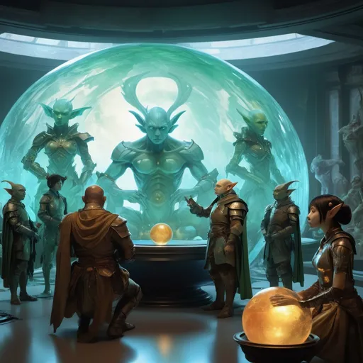 Prompt: double-exposure, low-angle panorama, group of glowering goblin-diplomats with elf-ears,  holographic orb, hud screens; arguing with (water genasi:1.0) diplomats, facing away from camera, dynamic poses, motion capture, varied military tailcoats, empire dresses, glass armor; sepia, amber, golden brown, YInMn-blue, green, blacklight; detailed, cinematic, photorealistic, maximalist; ambient occlusion, dramatic lighting, ray tracing, beautiful composition, deep depth of view; sergio toppi, jae lee, david mack, joe chiodo, humberto ramos, Makoto Shinkai, J.C. Leyendecker, ilya Kuvshinov, Royo, Karol Bak, Alphonse Mucha, Jordan Grimmer, Greg Rutkowski