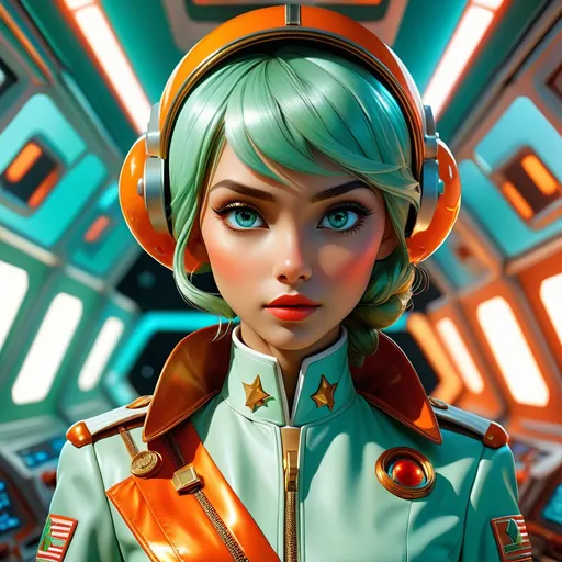 Prompt: Double-exposure; low-angle shot, glossy amber-skin scientific elf wearing military labcoat and full empire dress in spaceship medical bay, waxy, glossy (whole body turquoise), backlit space scene, triadic orange-gold_green_red colors, in motion, viewports of space, perfect hands, eyes; highly detailed, vibrant, volumetric lighting, luminescent, photorealistic; maximalist; J.C. Leyendecker, ilya Kuvshinov, Royo, Karol Bak, Alphonse Mucha, Jordan Grimmer, Greg Rutkowski