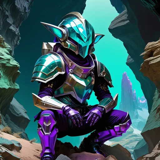 Prompt: Double exposure; glossy grizzled goblin warlock teal-colored mottled skin, crouching beneath armored helmet looking up at caves full of feldspar crystals, futuristic exosuit, various poses, expressions, intense blacks, exposed_rocks with black layer; waxy_purple_amber_green , detailed, futuristic, photorealistic, maximalist; Makoto Shinkai, J.C. Leyendecker, ilya Kuvshinov, Royo, Karol Bak, Alphonse Mucha, Jordan Grimmer, Greg Rutkowski