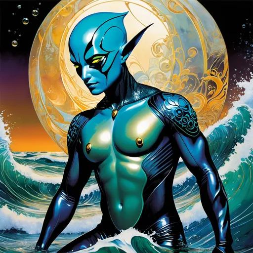 Prompt: Double-exposure; high-angle; panoramic, zoomed out, full body view of an (( glossy (abe sapien: 1.0) in the waves)) completely melding, in a coccoon with ((a glossy (amber-skinned elf-soldier:1.3); merging bodies, ooze, silk strands, webs of gunk; holographic astral cosmic illustration mixed media; Pablo Amaringo; intense blacks, nighttime; sepia, amber, golden brown, blue-grey, green, cold purple neon light; sergio toppi, jae lee, david mack, joe chiodo, humberto ramos, Makoto Shinkai, J.C. Leyendecker, ilya Kuvshinov, Royo, Karol Bak, Alphonse Mucha, Jordan Grimmer, Greg Rutkowski