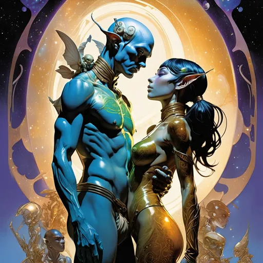 Prompt: Double-exposure; low-angle; panoramic, zoomed out, full body view of glossy (abe sapiens: 1.0) and (amber-skinned elf-soldiers:1.3) embracing, intertwined, intermixing into a singly body; holographic astral cosmic illustration mixed media; Pablo Amaringo; intense blacks, nighttime; sepia, amber, golden brown, blue-grey, green, cold purple neon light; sergio toppi, jae lee, david mack, joe chiodo, humberto ramos, Makoto Shinkai, J.C. Leyendecker, ilya Kuvshinov, Royo, Karol Bak, Alphonse Mucha, Jordan Grimmer, Greg Rutkowski