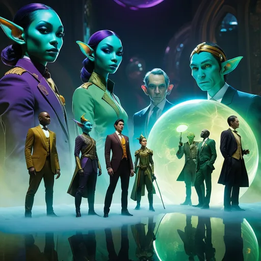 Prompt: double-exposure, low-angle panorama, group of glowering goblin-diplomats with elf-ears, meeting with (abe sapien:1.0) diplomats, facing away from camera, holographic orb, hud screens, dynamic poses, motion capture, varied military tailcoats, business suits; sepia, amber, golden brown, blue-grey, green, cold purple neon; detailed, cinematic, photorealistic, maximalist; ambient occlusion, dramatic lighting, ray tracing, beautiful composition, deep depth of view; sergio toppi, jae lee, david mack, joe chiodo, humberto ramos, Makoto Shinkai, J.C. Leyendecker, ilya Kuvshinov, Royo, Karol Bak, Alphonse Mucha, Jordan Grimmer, Greg Rutkowski