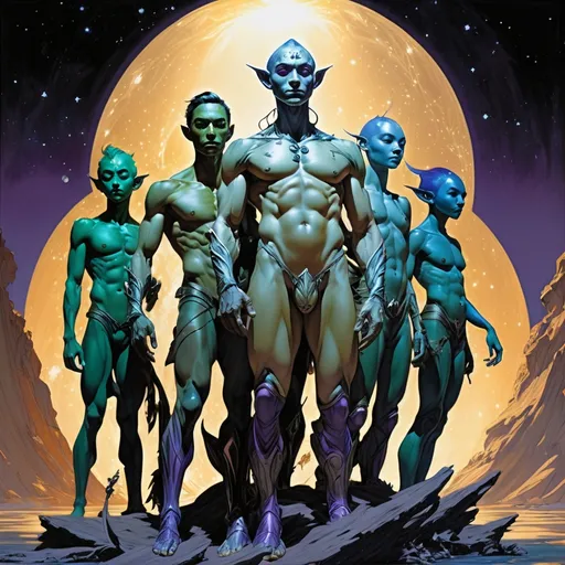 Prompt: Double-exposure; low-angle; panoramic, zoomed out, full body view of group of glossy (abe sapiens: 1.0) and group of (amber-skinned elf-soldiers:1.3) embracing, entangled, intertwined, intermixing into a singly body; holographic astral cosmic illustration mixed media; Pablo Amaringo; intense blacks, nighttime; sepia, amber, golden brown, blue-grey, green, cold purple neon light; sergio toppi, jae lee, david mack, joe chiodo, humberto ramos, Makoto Shinkai, J.C. Leyendecker, ilya Kuvshinov, Royo, Karol Bak, Alphonse Mucha, Jordan Grimmer, Greg Rutkowski