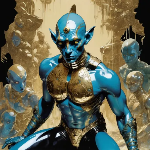 Prompt: Double-exposure; high-angle; panoramic, zoomed out, full body view of army of glossy (abe sapien: 1.0) in gold and vintage blue intricate glass armor, dynamic poses, different faces, differing expressions, waterfalls, intense blacks, nighttime; sepia, amber, golden brown, blue-grey, green, cold purple neon light; sergio toppi, jae lee, david mack, joe chiodo, humberto ramos, Makoto Shinkai, J.C. Leyendecker, ilya Kuvshinov, Royo, Karol Bak, Alphonse Mucha, Jordan Grimmer, Greg Rutkowski