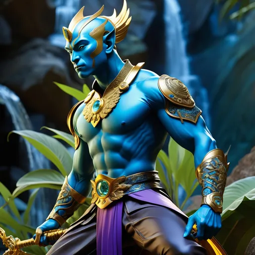 Prompt: Double-exposure; high-angle glossy (abe sapien: 1.0) Sun Wukong 孙悟空 in gold and vintage blue intricate glass armor, dynamic pose, glowering expression, waterfalls, intense blacks, nighttime; sepia, amber, golden brown, blue-grey, green, cold purple neon light; sergio toppi, jae lee, david mack, joe chiodo, humberto ramos, Makoto Shinkai, J.C. Leyendecker, ilya Kuvshinov, Royo, Karol Bak, Alphonse Mucha, Jordan Grimmer, Greg Rutkowski