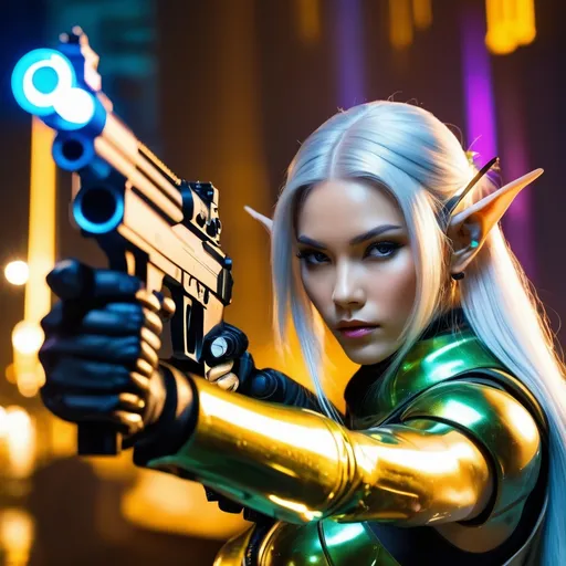 Prompt: double exposure; close-up of glossy elf, long ears, silver hair, mottled skin, sniper's exosuit and long-barreled futuristic pistol, (pointing gun straight at viewer:1.0), dynamic pose, glowering expression, waterfalls, intense blacks; sepia, amber, golden brown, blue-grey, green, cold purple neon light; sergio toppi, jae lee, david mack, joe chiodo, humberto ramos, Makoto Shinkai, J.C. Leyendecker, ilya Kuvshinov, Royo, Karol Bak, Alphonse Mucha, Jordan Grimmer, Greg Rutkowski