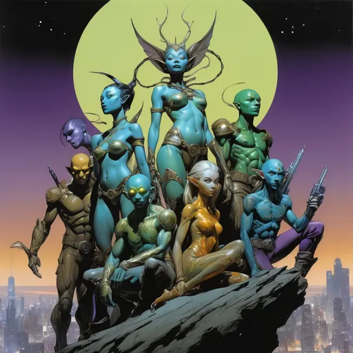 Prompt: Double-exposure; bird's eye view; panoramic, zoomed out, full body view of group of glossy (abe sapiens: 1.0) and group of (amber-skinned elf-soldiers:1.3) embracing, entangled, intertwined, intermixing into a singly body; holographic astral cosmic illustration mixed media; Pablo Amaringo; intense blacks, nighttime; sepia, amber, golden brown, blue-grey, green, cold purple neon light; sergio toppi, jae lee, david mack, joe chiodo, humberto ramos, Makoto Shinkai, J.C. Leyendecker, ilya Kuvshinov, Royo, Karol Bak, Alphonse Mucha, Jordan Grimmer, Greg Rutkowski