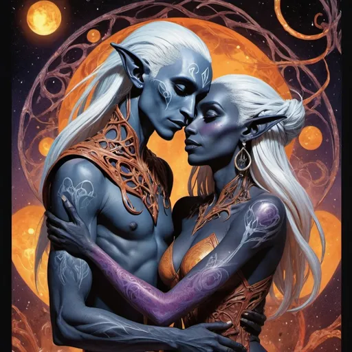 Prompt: Eldritch group of (amber-skinned drow-elves:1.3) embracing, entangled, intertwined, intermixing into a singly body; holographic astral cosmic illustration mixed media; Pablo Amaringo; intense blacks, nighttime Fine black inking, Clean linework, comic illustration, flat shading, Colour transitions, Maximalism, Black detailing on colour,  Beautifully illustrated forms, beautiful background scenery, Warm and cold colour mix, Triadic colour palette, Dark colouring, Vibrancy, Blacks, Clean lighting, Complexity, Storytelling, Dynamic Poses, High quality, Sharp focus, Tight colour range, Full scene, Filmic, masterpiece, flat rendering