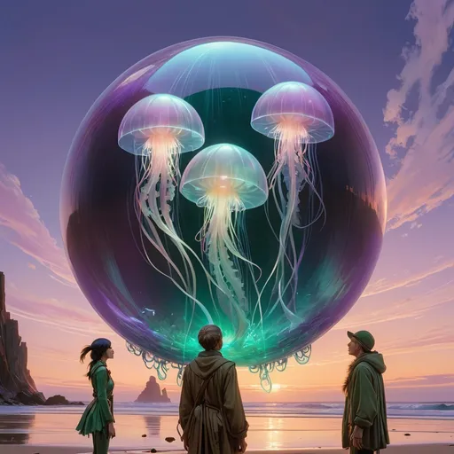 Prompt: double exposure; panoramic view of elves observing a giant 3D holographic orb with a projection of a floating bioluminescent jellyfish, spherical projection in the sky, distortion, glitches, static, 2/3 angle; purple_amber_green waxy, detailed, futuristic, photorealistic, maximalist; Makoto Shinkai, J.C. Leyendecker, ilya Kuvshinov, Royo, Karol Bak, Alphonse Mucha, Jordan Grimmer, Greg Rutkowski
