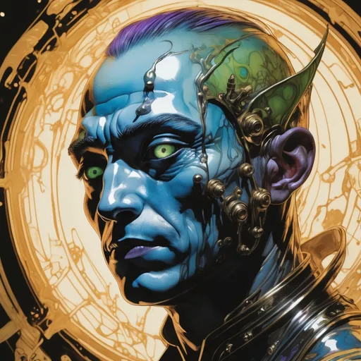 Prompt: Double-exposure; close up view of glossy (abe sapien: 1.0) shot through the head; blood spatter; Pablo Amaringo; intense blacks, nighttime; sepia, amber, golden brown, blue-grey, green, cold purple neon light; sergio toppi, jae lee, david mack, joe chiodo, humberto ramos, Makoto Shinkai, J.C. Leyendecker, ilya Kuvshinov, Royo, Karol Bak, Alphonse Mucha, Jordan Grimmer, Greg Rutkowski