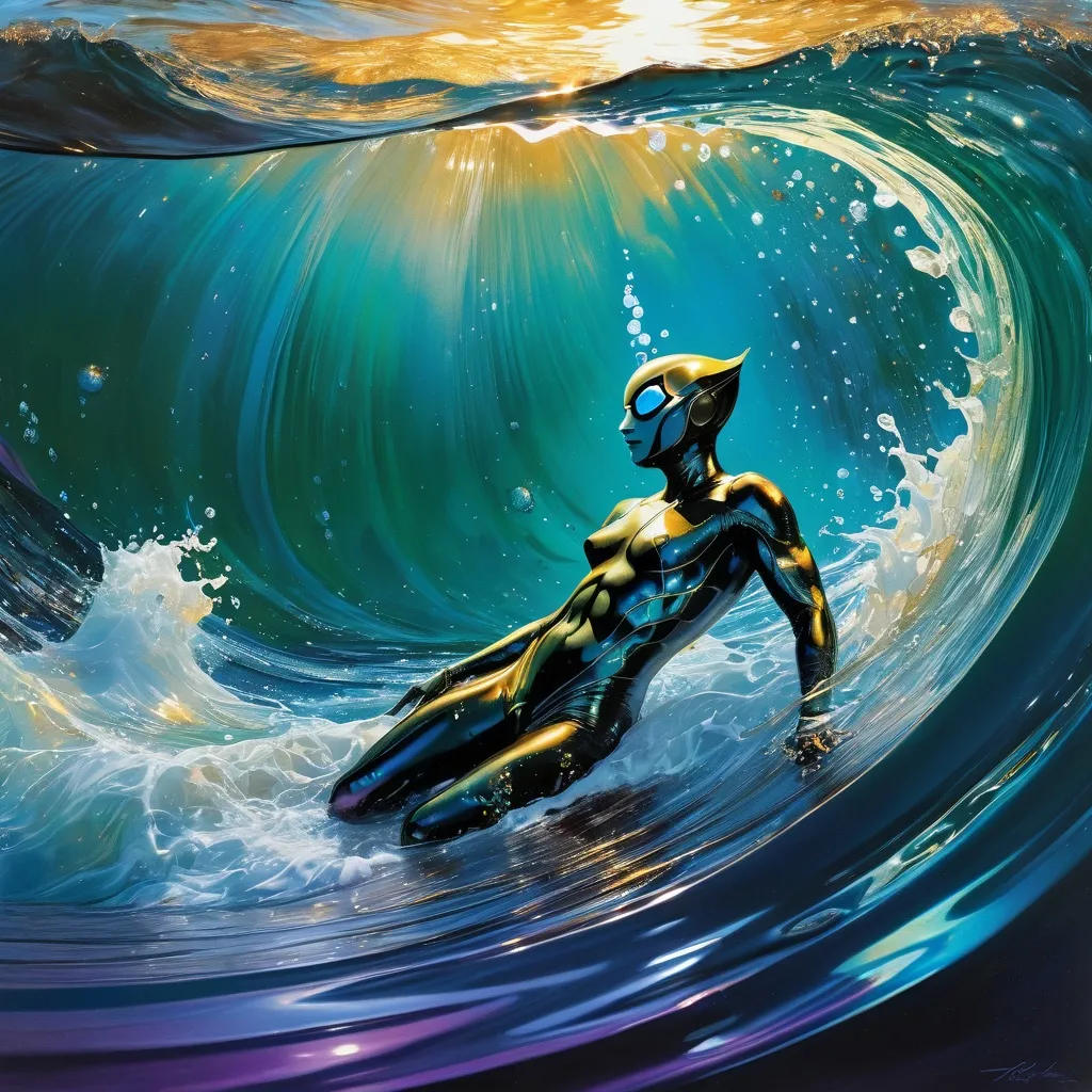 Prompt: Double-exposure; high-angle; panoramic, zoomed out, full body view of an (( glossy (abe sapien: 1.0) in the waves)) completely melding, in a coccoon with ((a glossy (amber-skinned elf-soldier:1.3); merging bodies, ooze, silk strands, webs of gunk; holographic astral cosmic illustration mixed media; Pablo Amaringo; intense blacks, nighttime; sepia, amber, golden brown, blue-grey, green, cold purple neon light; sergio toppi, jae lee, david mack, joe chiodo, humberto ramos, Makoto Shinkai, J.C. Leyendecker, ilya Kuvshinov, Royo, Karol Bak, Alphonse Mucha, Jordan Grimmer, Greg Rutkowski