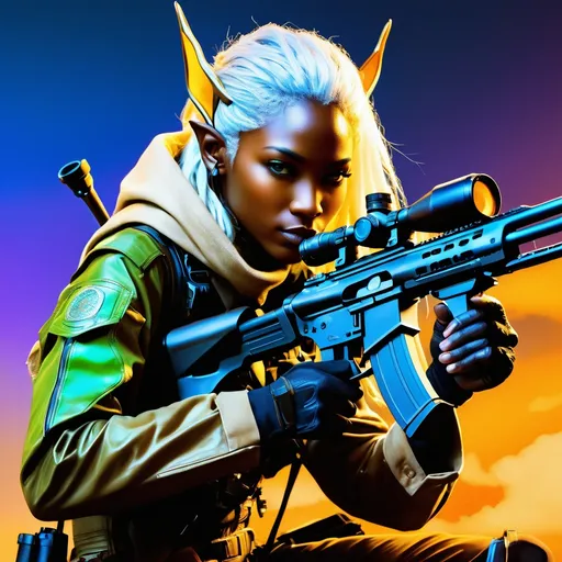 Prompt: double exposure; glossy nigerian-elf, long ears, silver hair, mottled ebony skin, sniper's exosuit and rifle (looking down the rifle sights:1.0), on precipice, dynamic pose, glowering expression, intense blacks, nighttime; sepia, amber, golden brown, blue-grey, green, cold purple neon light; sergio toppi, jae lee, david mack, joe chiodo, humberto ramos, Makoto Shinkai, J.C. Leyendecker, ilya Kuvshinov, Royo, Karol Bak, Alphonse Mucha, Jordan Grimmer, Greg Rutkowski