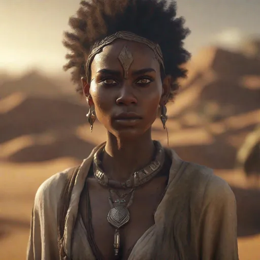 Prompt: beautiful afro-elf-girl in the desert under the pouring sun, highly detailed face, hyper-realistic facial features, perfect anatomy in perfect composition of professional, long shot, sharp focus photography, cinematic 3d volumetric, dramatic lighting with backlit backlight, aiming down sights.