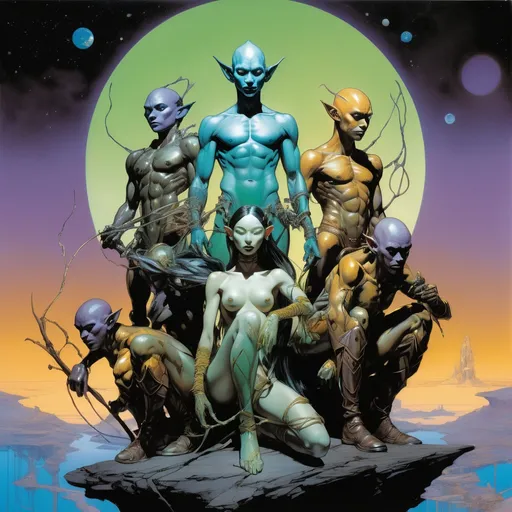 Prompt: Double-exposure; bird's eye view; panoramic, zoomed out, full body view of group of glossy (abe sapiens: 1.0) and group of (amber-skinned elf-soldiers:1.3) embracing, entangled, intertwined, intermixing into a singly body; holographic astral cosmic illustration mixed media; Pablo Amaringo; intense blacks, nighttime; sepia, amber, golden brown, blue-grey, green, cold purple neon light; sergio toppi, jae lee, david mack, joe chiodo, humberto ramos, Makoto Shinkai, J.C. Leyendecker, ilya Kuvshinov, Royo, Karol Bak, Alphonse Mucha, Jordan Grimmer, Greg Rutkowski