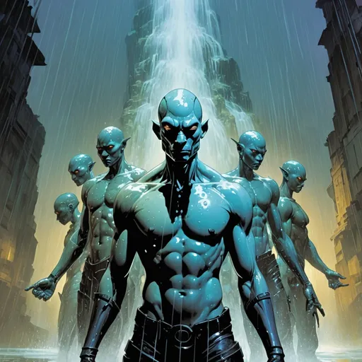 Prompt: Double-exposure; high-angle; panoramic, zoomed out, full body view of army of a large group of glossy (abe sapien: 1.0) in the rain, wearing glass armor, dynamic poses, different faces, differing expressions, waterfalls, intense blacks, nighttime; sepia, amber, golden brown, blue-grey, green, cold purple neon light; sergio toppi, jae lee, david mack, joe chiodo, humberto ramos, Makoto Shinkai, J.C. Leyendecker, ilya Kuvshinov, Royo, Karol Bak, Alphonse Mucha, Jordan Grimmer, Greg Rutkowski