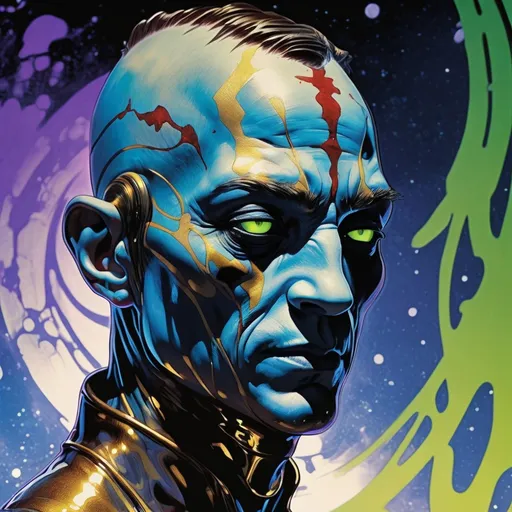 Prompt: Double-exposure; close up view of glossy (abe sapien: 1.0) shot through the head; blood spatter; Pablo Amaringo; intense blacks, nighttime; sepia, amber, golden brown, blue-grey, green, cold purple neon light; sergio toppi, jae lee, david mack, joe chiodo, humberto ramos, Makoto Shinkai, J.C. Leyendecker, ilya Kuvshinov, Royo, Karol Bak, Alphonse Mucha, Jordan Grimmer, Greg Rutkowski