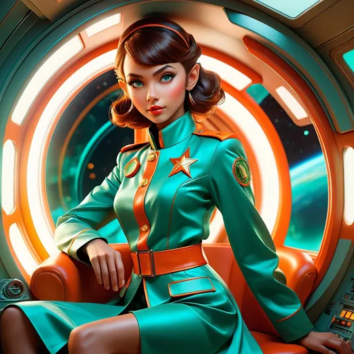 Prompt: Double-exposure; low-angle shot, glossy amber-skin scientific elf wearing military labcoat and full empire dress in spaceship quarters, waxy, glossy (whole body turquoise), backlit space scene, triadic orange-gold_green_red colors, in motion, viewports of space, perfect hands, eyes; highly detailed, vibrant, volumetric lighting, luminescent, photorealistic; maximalist; J.C. Leyendecker, ilya Kuvshinov, Royo, Karol Bak, Alphonse Mucha, Jordan Grimmer, Greg Rutkowski