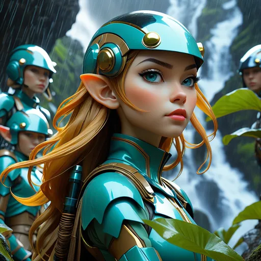 Prompt: double-exposure, low-angle panorama, glossy army of goblin-troopers with elf-ears, amassed on high cliff, facing camera, waves, rain, motion capture, varied futuristic exosuits and helmets, waterfall; sepia, amber, golden brown, blue-grey, green, cold purple neon; detailed, cinematic, photorealistic, maximalist; ambient occlusion, dramatic lighting, ray tracing, beautiful composition, deep depth of view; sergio toppi, jae lee, david mack, joe chiodo, humberto ramos, Makoto Shinkai, J.C. Leyendecker, ilya Kuvshinov, Royo, Karol Bak, Alphonse Mucha, Jordan Grimmer, Greg Rutkowski