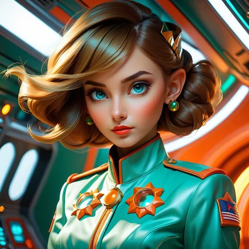 Prompt: Double-exposure; low-angle shot, glossy amber-skin scientific elf wearing military labcoat and full empire dress in spaceship quarters, waxy, glossy (whole body turquoise), backlit space scene, triadic orange-gold_green_red colors, in motion, viewports of space, perfect hands, eyes; highly detailed, vibrant, volumetric lighting, luminescent, photorealistic; maximalist; J.C. Leyendecker, ilya Kuvshinov, Royo, Karol Bak, Alphonse Mucha, Jordan Grimmer, Greg Rutkowski