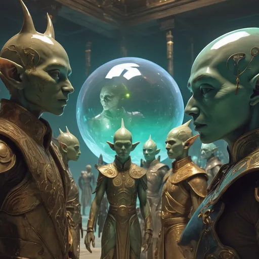 Prompt: double-exposure, low-angle panorama, group of glowering goblin-diplomats with elf-ears,  holographic orb, hud screens; arguing with (water genasi:1.0) diplomats, facing away from camera, dynamic poses, motion capture, varied military tailcoats, empire dresses, glass armor; sepia, amber, golden brown, YInMn-blue, green, blacklight; detailed, cinematic, photorealistic, maximalist; ambient occlusion, dramatic lighting, ray tracing, beautiful composition, deep depth of view; sergio toppi, jae lee, david mack, joe chiodo, humberto ramos, Makoto Shinkai, J.C. Leyendecker, ilya Kuvshinov, Royo, Karol Bak, Alphonse Mucha, Jordan Grimmer, Greg Rutkowski