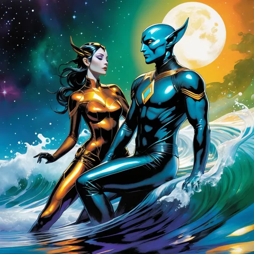 Prompt: Double-exposure; low-angle; panoramic, zoomed out, full body view of an (( glossy (abe sapien: 1.0) in the waves)) merging and coccooning with ((a glossy (amber-skinned elf-soldier:1.3) into its body; holographic astral cosmic illustration mixed media; Pablo Amaringo; intense blacks, nighttime; sepia, amber, golden brown, blue-grey, green, cold purple neon light; sergio toppi, jae lee, david mack, joe chiodo, humberto ramos, Makoto Shinkai, J.C. Leyendecker, ilya Kuvshinov, Royo, Karol Bak, Alphonse Mucha, Jordan Grimmer, Greg Rutkowski