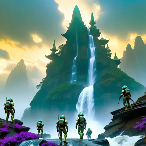 Prompt: double-exposure, low-angle panorama, glossy army of goblin-troopers with elf-ears, amassed on high cliff, facing camera, waves, rain, motion capture, varied futuristic exosuits and helmets, waterfall; sepia, amber, golden brown, blue-grey, green, cold purple neon; detailed, cinematic, photorealistic, maximalist; ambient occlusion, dramatic lighting, ray tracing, beautiful composition, deep depth of view; sergio toppi, jae lee, david mack, joe chiodo, humberto ramos, Makoto Shinkai, J.C. Leyendecker, ilya Kuvshinov, Royo, Karol Bak, Alphonse Mucha, Jordan Grimmer, Greg Rutkowski