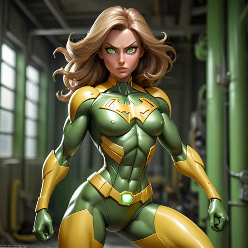 Prompt: full body shot of superheroine, (pretty face:1.2), (finely detailed face and beautiful eyes), mature female, muscle, bare hands, long proportional legs, fierce, glossy, shiny, green and yellow exosuit