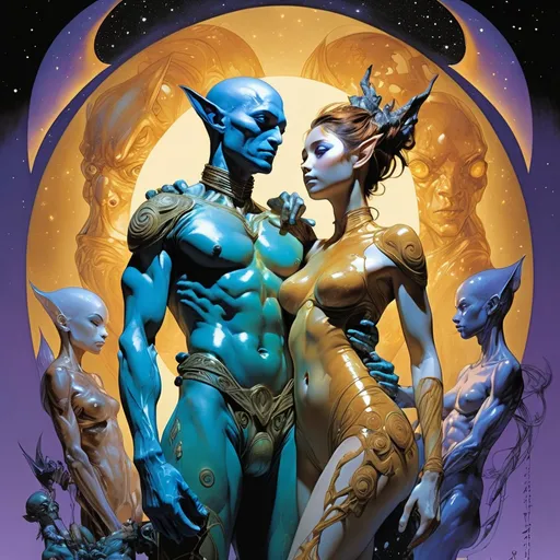 Prompt: Double-exposure; low-angle; panoramic, zoomed out, full body view of glossy (abe sapiens: 1.0) and (amber-skinned elf-soldiers:1.3) embracing, entangled, intertwined, intermixing into a singly body; holographic astral cosmic illustration mixed media; Pablo Amaringo; intense blacks, nighttime; sepia, amber, golden brown, blue-grey, green, cold purple neon light; sergio toppi, jae lee, david mack, joe chiodo, humberto ramos, Makoto Shinkai, J.C. Leyendecker, ilya Kuvshinov, Royo, Karol Bak, Alphonse Mucha, Jordan Grimmer, Greg Rutkowski